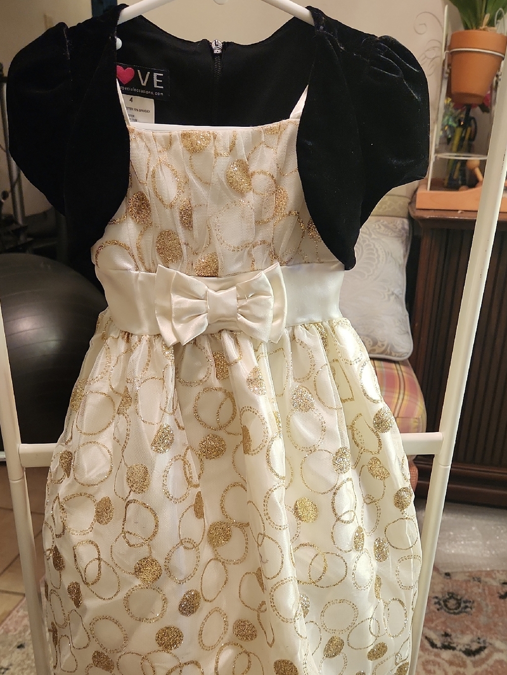 Love Ivory and Gold Glitter Circle Dress with Black Bolero